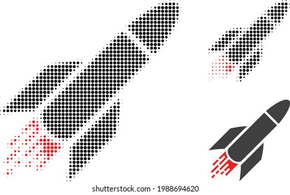Rocket halftone dotted icon. Halftone pattern contains circle points. Vector illustration of rocket icon on a white background.