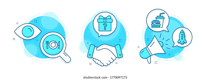 Rocket, Hamburger and Secret gift line icons set. Handshake deal, research and promotion complex icons. Food sign. Spaceship, Burger with drink, Unknown package. Restaurant. Business set. Vector