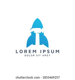 diseño del logotipo del espacio para lanzamiento de cohetes y martillo negativo