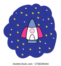 caricatura dibujada a mano de cohete en estrellas del cielo nocturno
