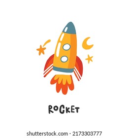 Rocket. Hand drawn illustration in cartoon style. Transport toys. Cute concept for children's print. Illustration for the design postcard, textiles, apparel