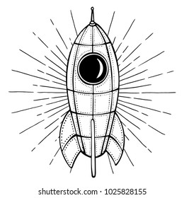 Rocket hand drawn illustration. Vector rocket ship.