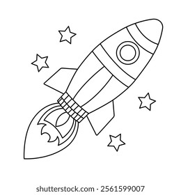 Rocket Hand drawn single line art coloring page for kids vector illustration