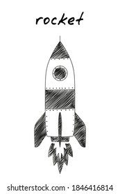 Rocket hand-drawn icon. Cartoon vector clip art of a spaceship flying in space. Black and white sketch of the rocket icon