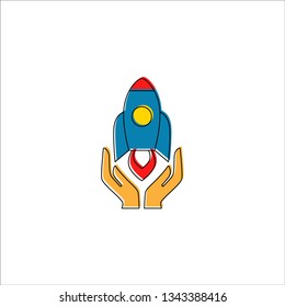 Rocket with hands launching vector colorful cartoon with editable line. Business startup launch concept icon.