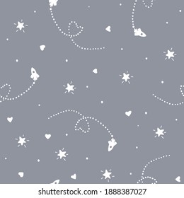Rocket with heart trail in stars and hears - Valentine's vector seamless pattern for kids - for fabric, wrapping, textile, wallpaper, background.