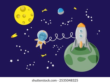 Rocket and hedgehog astronaut in open space among stars, moon and comets, ufo in the distance - fairy tale background, vector for design of wallpapers for children's room