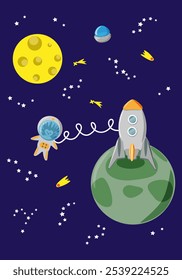 Astronauta de foguete e ouriço em espaço aberto entre estrelas, lua e cometas, ufo na distância - fundo de conto de fadas, cor vertical vetor ilustração para design de papéis de parede 