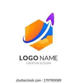 rocket and hexagon logo concept, modern 3d logo style in gradient vibrant colors