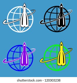 rocket high. on a globe. 4 colors. fully editable file