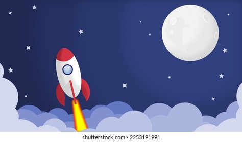 rocket hurtling towards space, stock vector with moon sky background