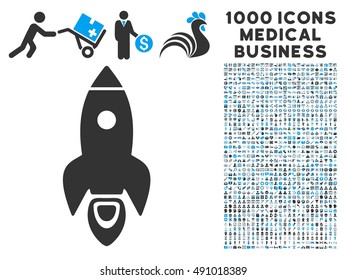 Rocket icon with 1000 medical commercial gray and blue vector pictograms. Design style is flat bicolor symbols, white background.