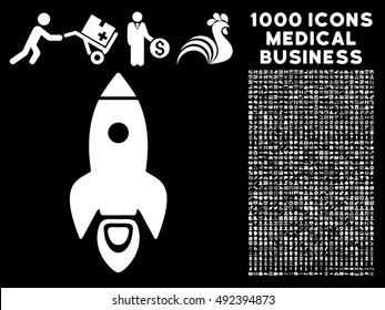 Rocket icon with 1000 medical commercial white vector design elements. Collection style is flat symbols, black background.