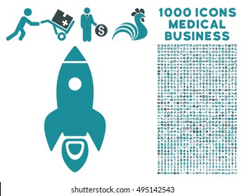 Rocket icon with 1000 medical commercial soft blue vector pictograms. Collection style is flat bicolor symbols, white background.