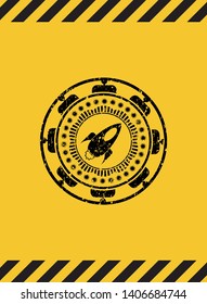rocket icon black grunge emblem, yellow warning sign. Vector Illustration. Detailed.