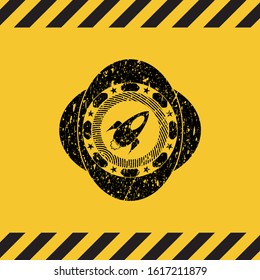 rocket icon black grunge emblem with yellow background. Vector Illustration. Detailed.