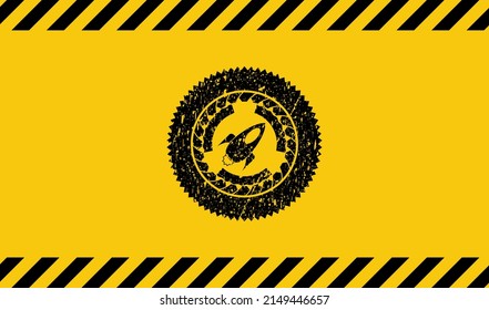 rocket icon black grunge emblem with yellow background. Vector Illustration. Detailed. 