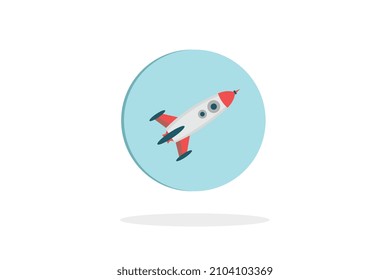 Rocket, icon, blue circle with shadow below on white background, vector size.