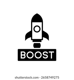 Rocket icon with BOOST text label, dynamic black and white design symbolizing speed
