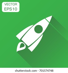 Rocket icon. Business concept rocket launch pictogram. Vector illustration on green background with long shadow.