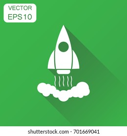 Rocket icon. Business concept rocket launch pictogram. Vector illustration on green background with long shadow.