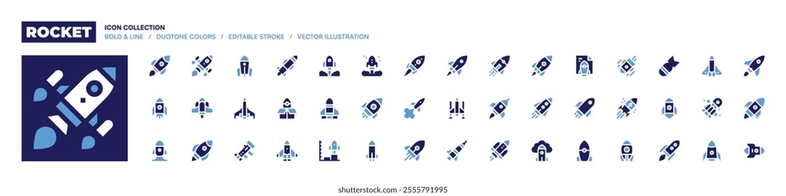 Rocket icon collection. Bold style. Duotone colors. rocket, missile, launch, startup, take off, deployment, ship, launcher, launch.
