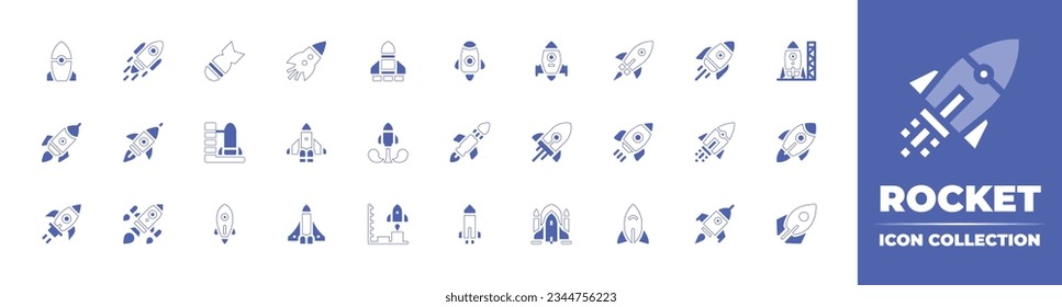 Colección de iconos de cohete. Curso de línea de estilo duotónico y negrita. Ilustración vectorial. Conteniendo cohete, bomba, nave, futuro, lanzamiento, plataforma de lanzamiento, inicio, puesta en marcha, espacio, lanzadera y más.