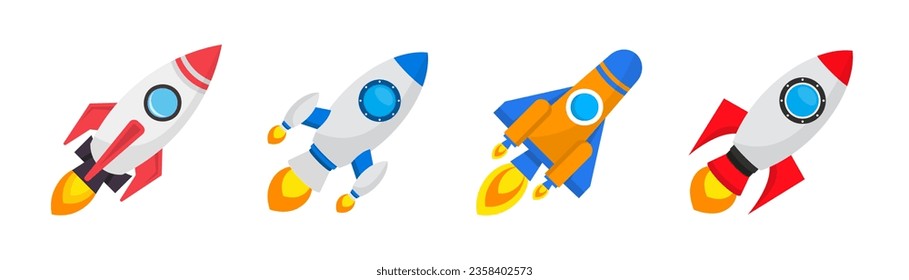 Rocket icon collection in a flat design. Spaceship or shuttle icons. Launch spaceship or spacecraft in a flat design. Rocket or spaceship