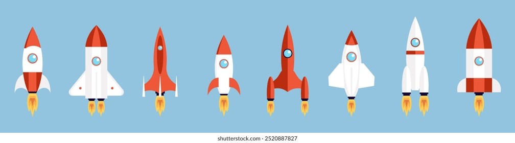 Colección de icono de cohete en un diseño plano. Iconos de la nave espacial o del transbordador. Lanzar una nave o una nave espacial 