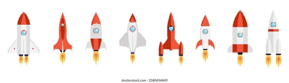 Rocket icon collection in a pixel design. Spaceship or shuttle pixel icons. Launch spaceship or spacecraft