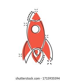 Rocket icon in comic style. Spaceship launch cartoon vector illustration on white isolated background. Sputnik splash effect business concept.