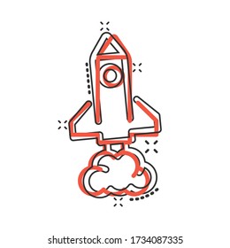Rocket icon in comic style. Spaceship launch cartoon vector illustration on white isolated background. Sputnik splash effect business concept.