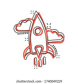 Rocket icon in comic style. Spaceship launch cartoon vector illustration on white isolated background. Sputnik splash effect business concept.