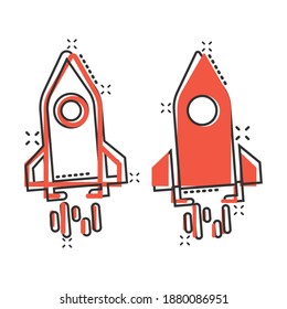 Rocket icon in comic style. Spaceship launch cartoon vector illustration on white isolated background. Sputnik splash effect business concept.