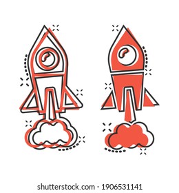 Rocket icon in comic style. Spaceship launch cartoon vector illustration on white isolated background. Sputnik splash effect business concept.