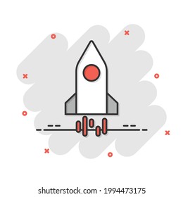 Rocket icon in comic style. Spaceship launch cartoon vector illustration on white isolated background. Sputnik splash effect business concept.