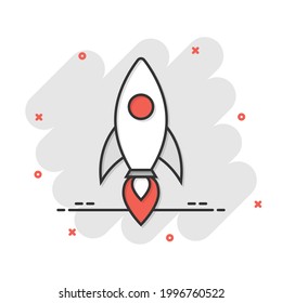 Rocket icon in comic style. Spaceship launch cartoon vector illustration on white isolated background. Sputnik splash effect business concept.