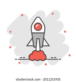 Rocket icon in comic style. Spaceship launch cartoon vector illustration on white isolated background. Sputnik splash effect business concept.