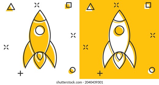 Rocket icon in comic style. Spaceship launch cartoon vector illustration on white isolated background. Sputnik splash effect business concept.