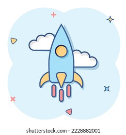 Rocket icon in comic style. Spaceship launch cartoon vector illustration on white isolated background. Sputnik splash effect business concept.