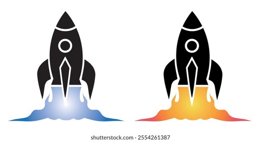 Rocket icon design featuring two variations with different color schemes and flame illustrations for creative projects