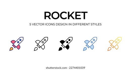 rocket Icon Design in Five style with Editable Stroke. Line, Solid, Flat Line, Duo Tone Color, and Color Gradient Line. Suitable for Web Page, Mobile App, UI, UX and GUI design.