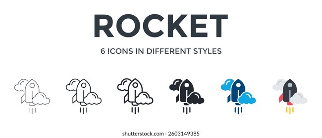 Rocket Icon In Different Style Vector Illustration. Designed In Thin Line, Regular Line, Bold Line, Glyph, Color Fill, And Flat Style Can Be Used For Web