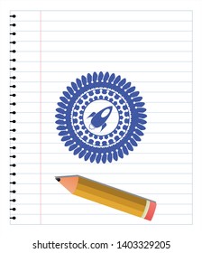 rocket icon emblem drawn with pen. Blue ink. Vector Illustration. Detailed.