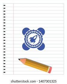 rocket icon emblem drawn with pen. Blue ink. Vector Illustration. Detailed.