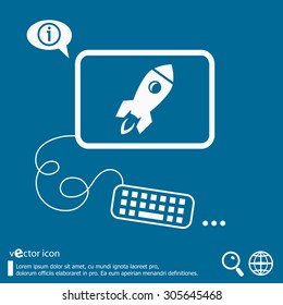 Rocket icon and flat design elements. Line icons for application development, web page coding and programming, creative process, social media, print.