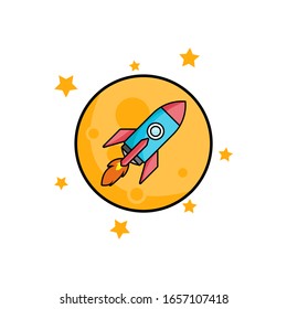 rocket icon flat design minimalist illustration and moon stars