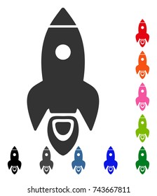 Rocket icon. Flat grey pictogram symbol in a blue rounded squared frame. Black, gray, green, blue, red, orange color variants of Rocket vector. Designed for web and application UI.