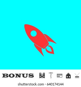 Rocket icon flat. Red pictogram on blue background. Vector illustration symbol and bonus buttons Music center, corkscrew, credit card, house, drum