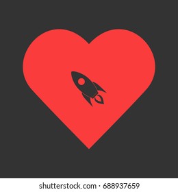 Rocket icon flat. Simple pictogram on heart background. Vector illustration symbol